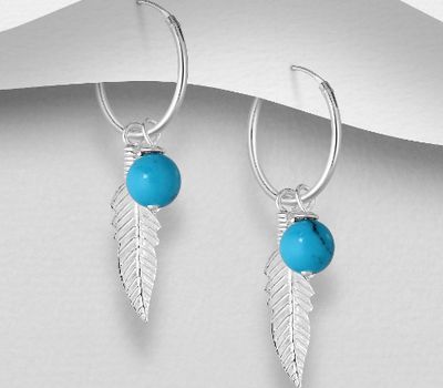 925 Sterling Silver Feather Hoop Earrings, Decorated with Various Gemstone Beads or Reconstructed Sky Blue Turquoise