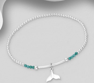 925 Sterling Silver Whale Tail Bracelet, Featuring Ball, Beaded with Gemstone Beads
