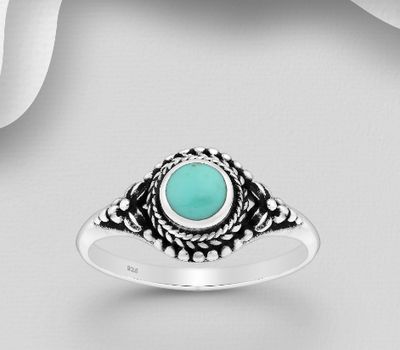 925 Sterling Silver Oxidized Ring, Decorated with Reconstructed Turquoise