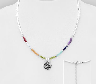 Şəkli böyütmək üçün tiklayın 925 Sterling Silver Oxidized Starfish Necklace, Beaded with Amazonite, Amethyst, Garnet, Lapis Lazuli, Sandstone, Peridot, Moonstone and Seed Beads.