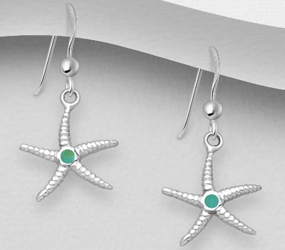 925 Sterling Silver Starfish Hook Earrings, Decorated with Reconstructed Stone or Resin
