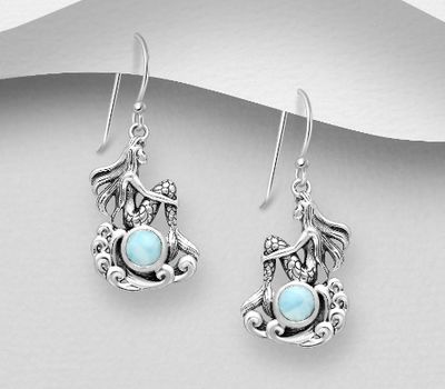 925 Sterling Silver Oxidized Mermaid Hook Earrings, Decorated with Larimar
