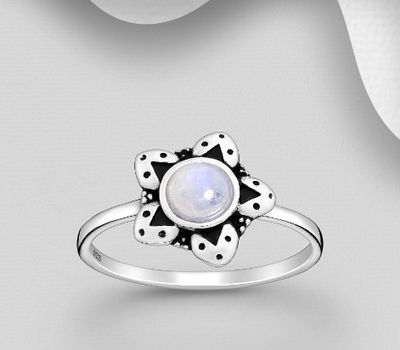 925 Sterling Silver Oxidized Flower Ring, Decorated with Rainbow Moonstone