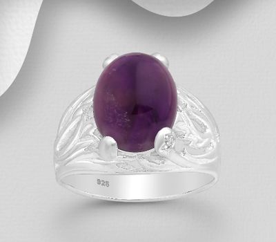 925 Sterling Silver Ring, Decorated with CZ Simulated Diamonds and Amethyst