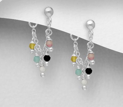 925 Sterling Silver Push-Back Earrings, Beaded with Amazonite, Black Agate, Moonstone, Rhodonite and Yellow Opal
