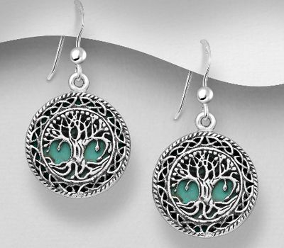 925 Sterling Silver Celtic Tree of Life Pendant, Decorated with Reconstructed Turquoise or Various Colored Resins