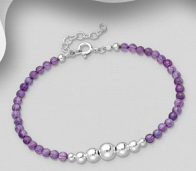 925 Sterling Silver Ball Bracelet, Beaded with Reconstructed Stone or Various Gemstones