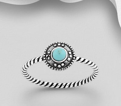 925 Sterling Silver Oxidized Ring, Decorated with Reconstructed Turquoise