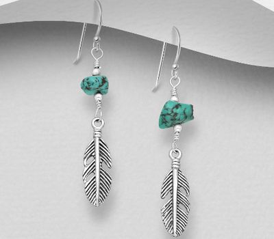 925 Sterling Silver Feather Hook Earrings, Beaded with Turquoise