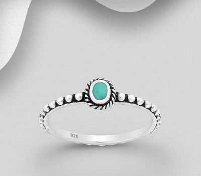 925 Sterling Silver Oxidized Ring, Decorated with Reconstructed Turquoise