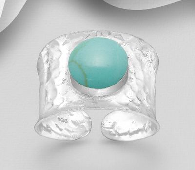 925 Sterling Silver Adjustable Hammered Ring, Decorated with Reconstructed Turquoise or Various Colored Resins
