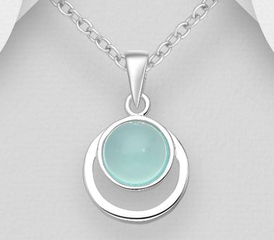 925 Sterling Silver Circle Pendant, Decorated with Light-Sky Blue Chalcedony