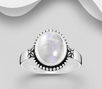 925 Sterling Silver Oxidized Ring Decorated With Rainbow Moonstone