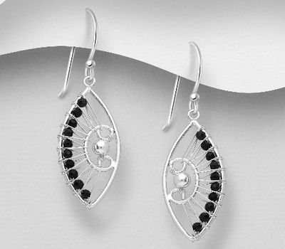 Şəkli böyütmək üçün tiklayın 925 Sterling Silver Hook Earrings, Beaded with Black Agate