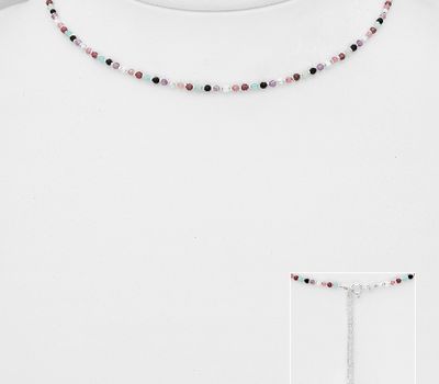 925 Sterling Silver Choker, Beaded with Amazonite, Amethyst, Black Agate, Garnet, Pink Tourmaline and Rainbow Moonstone
