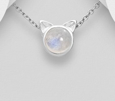 925 Sterling Silver Cat Pendant, Decorated with Rainbow Moonstone