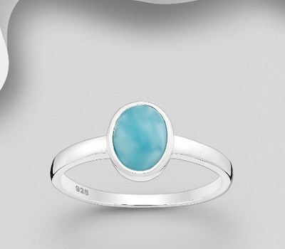 925 Sterling Silver Oval Ring, Decorated with Larimar