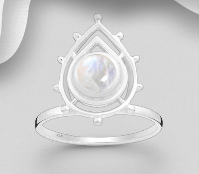 925 Sterling Silver Droplet Ring, Decorated with Rainbow Moonstone