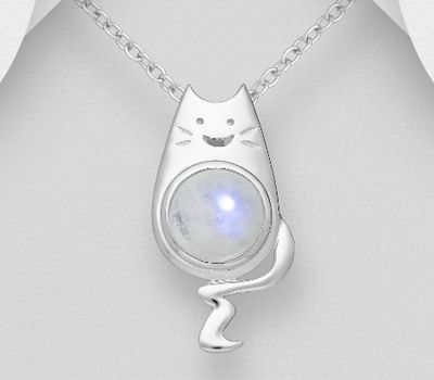 925 Sterling Silver Cat Pendant, Decorated with Rainbow Moonstone