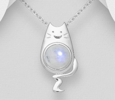 Şəkli böyütmək üçün tiklayın 925 Sterling Silver Cat Pendant, Decorated with Rainbow Moonstone