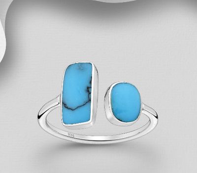 925 Sterling Silver Rectangle Adjustable Ring, Decorated with Reconstructed Sky Blue Turquoise