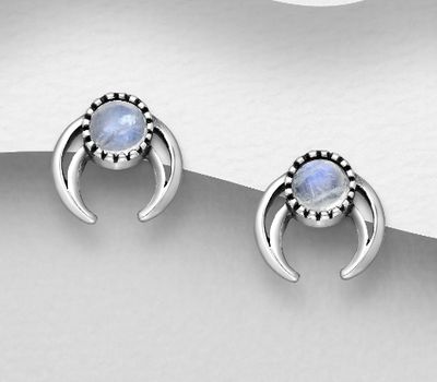 925 Sterling Silver Horn Push-Back Earrings, Decorated with Various Gemstones or Reconstructed Stone