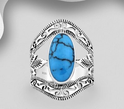 925 Sterling Silver Leaf and Swirl Ring, Decorated with Reconstructed Turquoise or Various Colored Resins