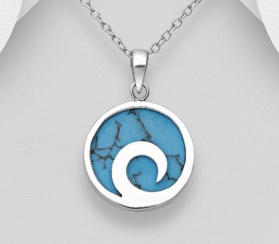 925 Sterling Silver Wave Pendant, Decorated with Reconstructed Stone or Various Colored Resins