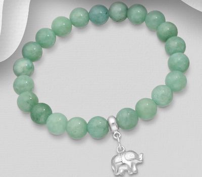 925 Sterling Silver Elephant Elastic Bracelet, Beaded with Green Jade