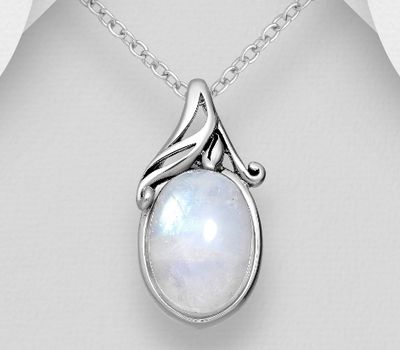 925 Sterling Silver Oxidized Swirl Pendant, Decorated with Rainbow Moonstone