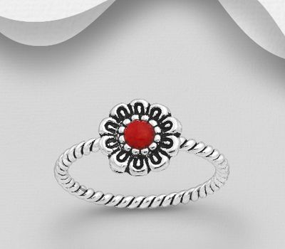 925 Sterling Silver Flower Ring Decorated With Reconstructed Turquoise or VariousColored Resins