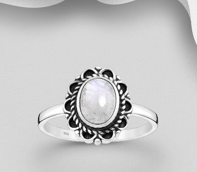 925 Sterling Silver Oxidized Ring, Decorated with Rainbow Moonstone