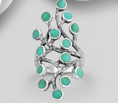 925 Sterling Silver Leaf and Branch Ring, Decorated with Reconstructed Turquoise or Various Colored Gemstones