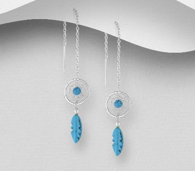 925 Sterling Silver Dream Catcher Threader Earrings, Decorated with Reconstructed Turquoise