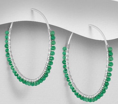 925 Sterling Silver Hoop Earrings, Decorated with Green Agate