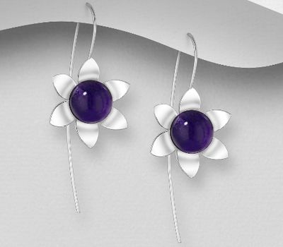 925 Sterling Silver Flower Hook Earrings, Decorated with Various Gemstones