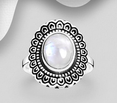 Şəkli böyütmək üçün tiklayın 925 Sterling Silver Oxidized Patterned Ring, Decorated with Rainbow Moonstone
