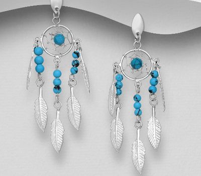 925 Sterling Silver Dream Catcher Push-Back Earrings, Decorated with Reconstructed Stone or Resin