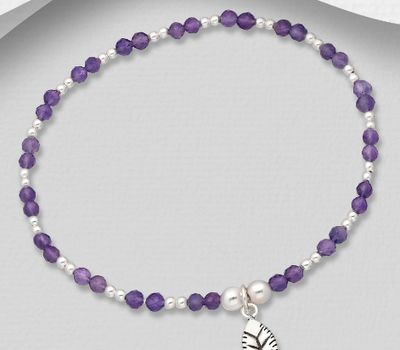 925 Sterling Silver Elastic Leaf Bracelet, Beaded with Amethysts or Garnets