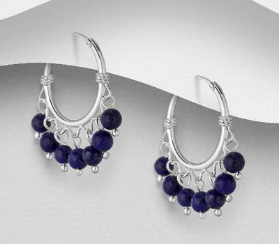 925 Sterling Silver Hoop Dangle Earrings, Beaded with Lapis Lazulis