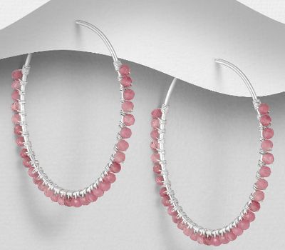 925 Sterling Silver Hoop Earrings, Beaded with Pink Tourmaline