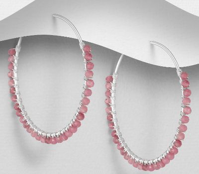 Şəkli böyütmək üçün tiklayın 925 Sterling Silver Hoop Earrings, Beaded with Pink Tourmaline