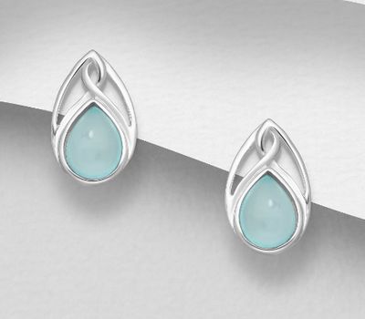 925 Sterling Silver Push-Back Earrings, Decorated with Light Sky-Blue Chalcedony