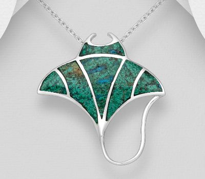 925 Sterling Silver Stingray Pendant, Decorated with Chrysocolla