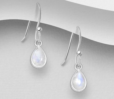 Şəkli böyütmək üçün tiklayın 925 Sterling Silver Droplet Hook Earrings, Decorated with Rainbow Moonstone