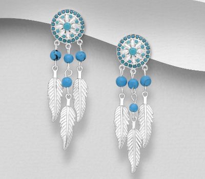 925 Sterling Silver Dream Catcher Push-Back Earrings, Decorated with CZ Simulated Diamonds and Reconstructed Turquoise
