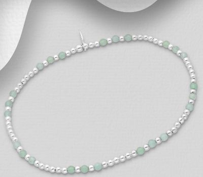 925 Sterling Silver Elastic Bracelet, Beaded with Green Jade