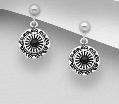 Şəkli böyütmək üçün tiklayın 925 Sterling Silver Ball Push-Back Earrings, Decorated with Reconstructed Turquoise or Various Colored Resins