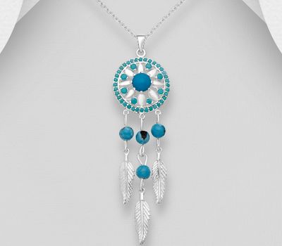 925 Sterling Silver Dream Catcher Pendant, Decorated with CZ Simulated Diamonds and Reconstructed Turquoise