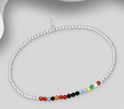 925 Sterling Silver Bracelet, Decorated with Carnelian, Dyed Blue Jade, Dyed Yellow Jade, Dyed Green Jade and Onyx, Colors may Vary.